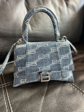 Balenciaga Denim Hourglass Top-Handle Bag in Blue